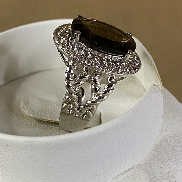 Smoky Quartz Sterling Silver Ring w/ White Zircon Halo Statement‎ Cocktail Sz 9 - Picture 4 of 7